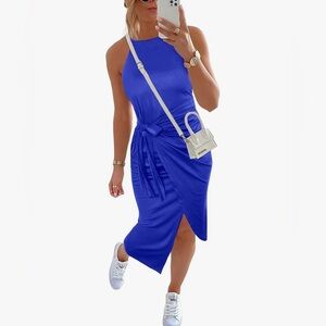 Satin Tie-Waist Midi Dress in Royal Blue